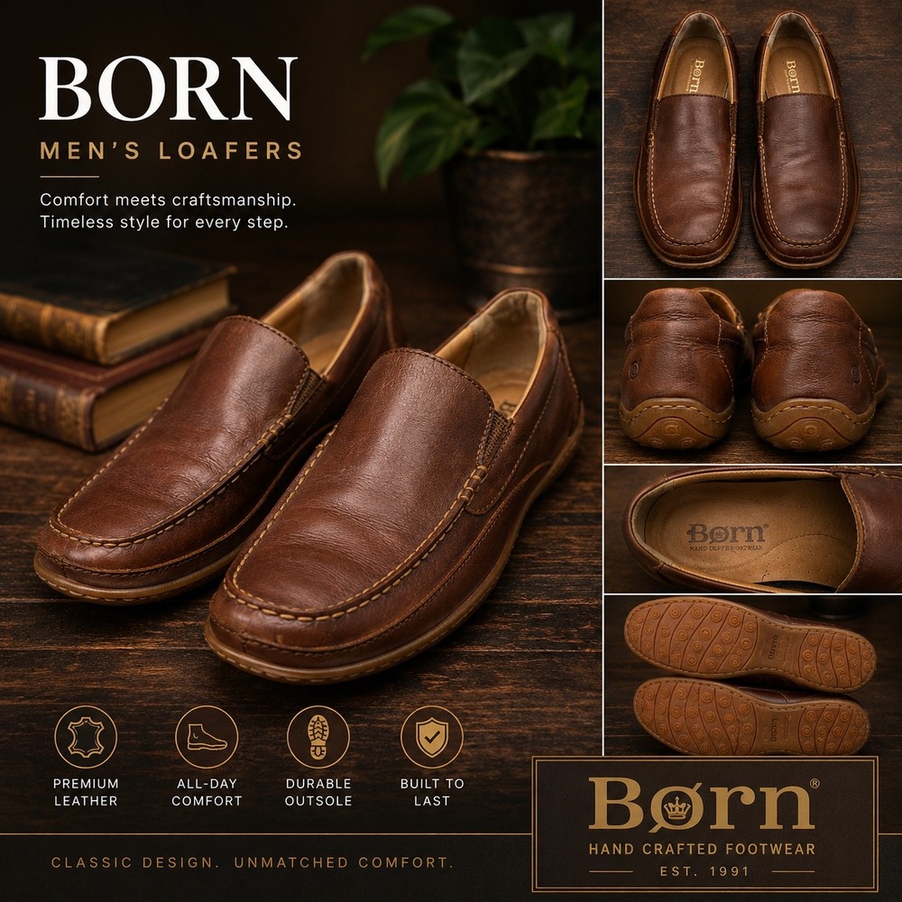 Børn Men's Brown Leather Slip On Loafers Comfort Casual Moc Toe Shoes Size 8.5
